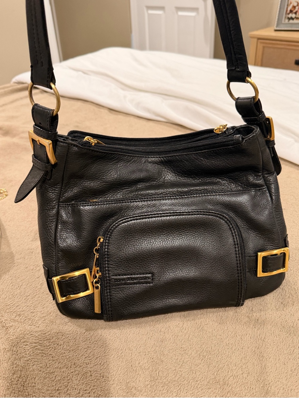 Stone Mountain Black Leather Shoulder Bag with Gold Hardware